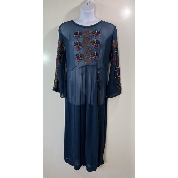 Free People Women's Sheer Embroidered MIDI Dress Size M Blue Floral Boho Fairy - Picture 1 of 10